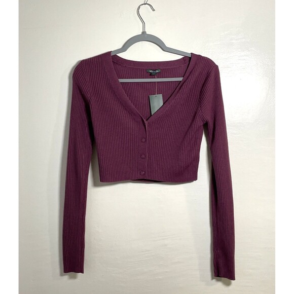 Wild Fable Women's Dark Mauve Long Sleeve V-Neck Crop Cardigan Sweater Sz Small - Picture 2 of 8